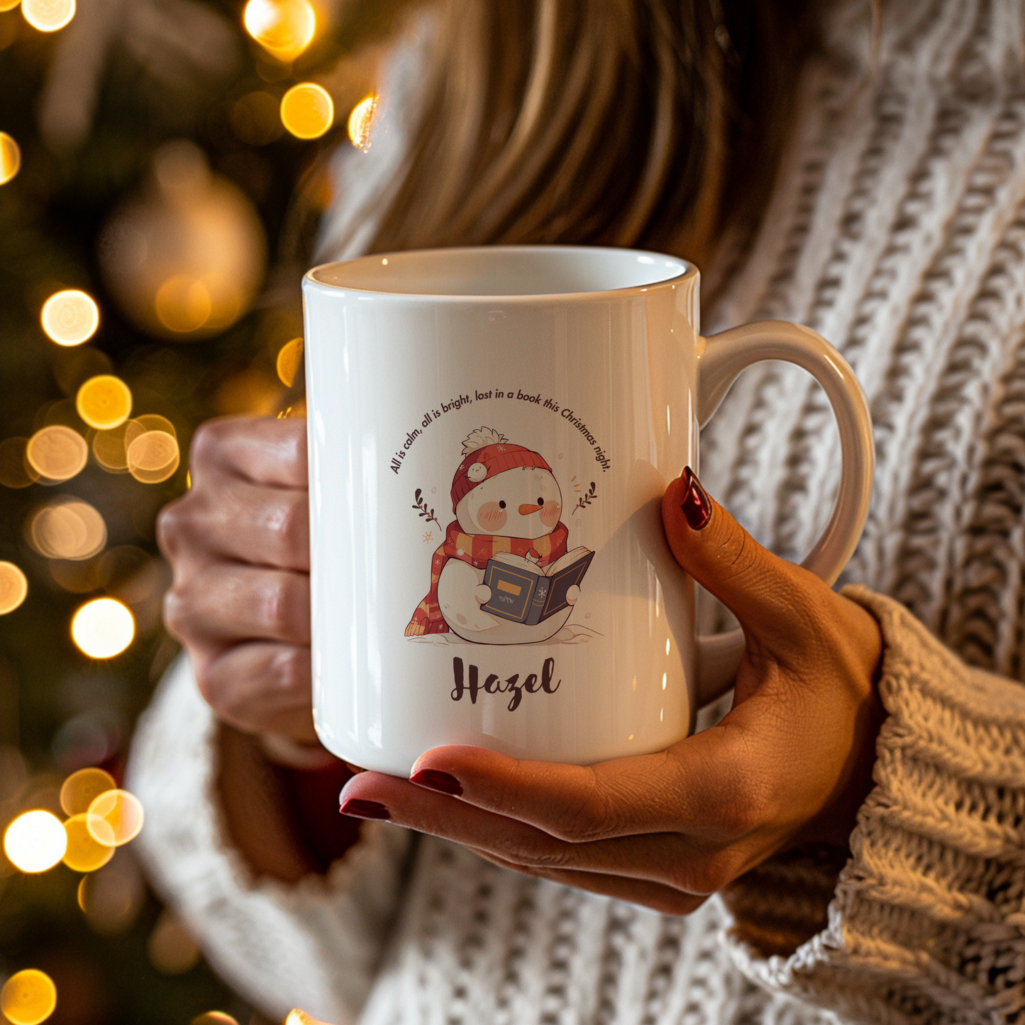 Personalized Christmas Snowman Mug – Cozy Holiday Gift for Book Lovers