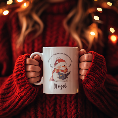 Personalized Christmas Snowman Mug – Cozy Holiday Gift for Book Lovers