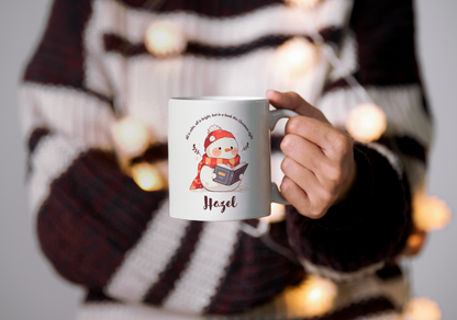 Personalized Christmas Snowman Mug – Cozy Holiday Gift for Book Lovers